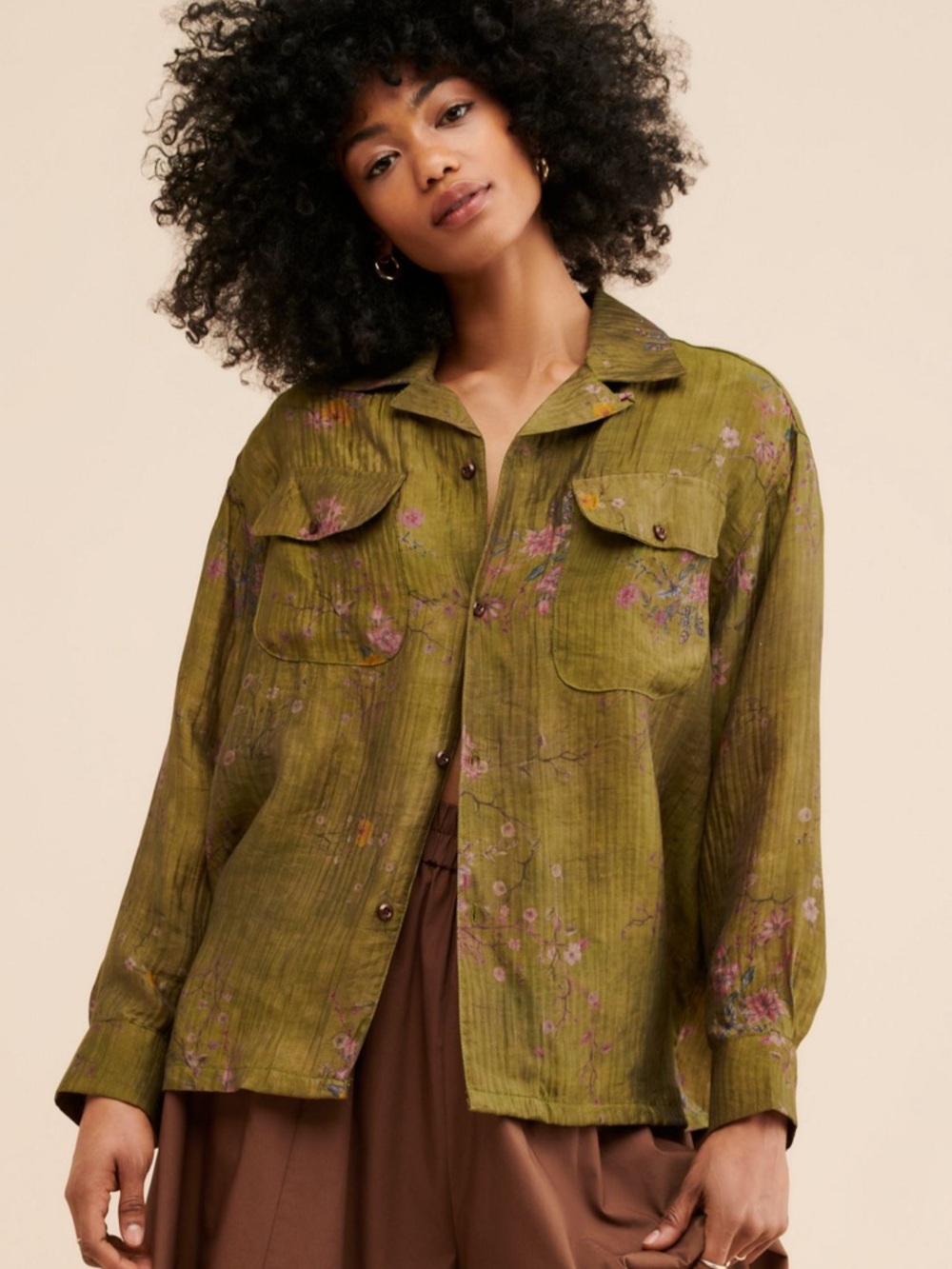 Free People Found Floral Moss Camp Shirt